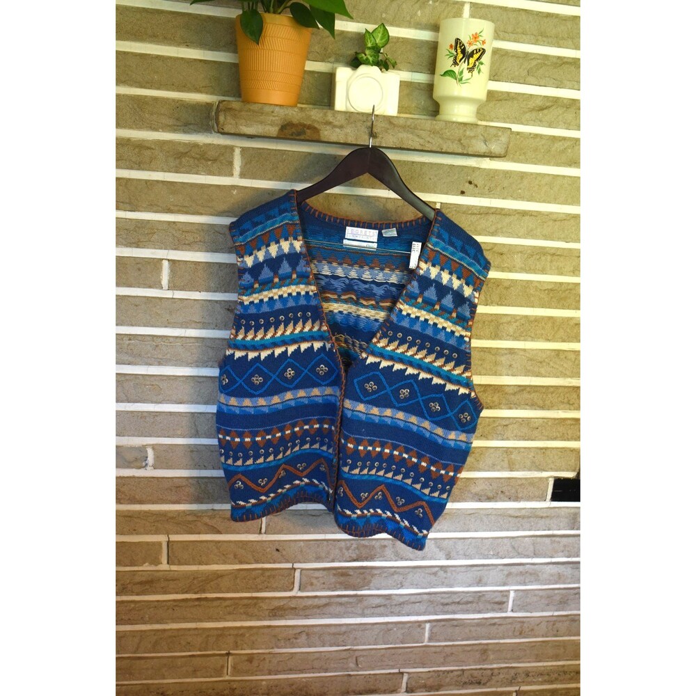 Segrets Sun Prints Orvis Vintage Beaded Sweater Vest Geometric  L Aztec western